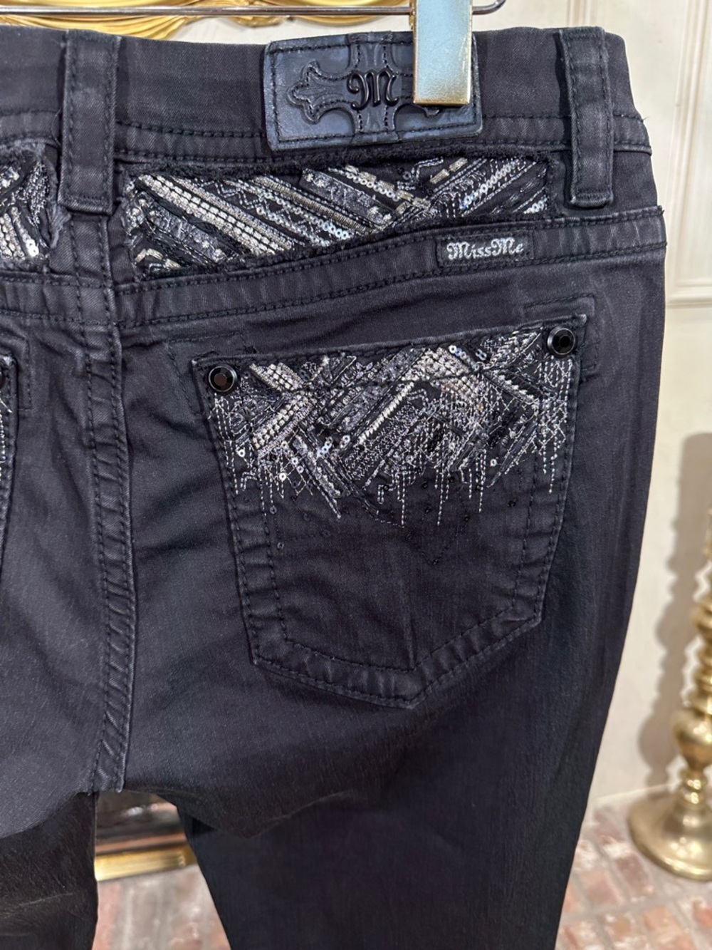 Miss Me Easy Skinny Jeans 32 Black Sequined Y2K Grunge McBling - Picture 5 of 9